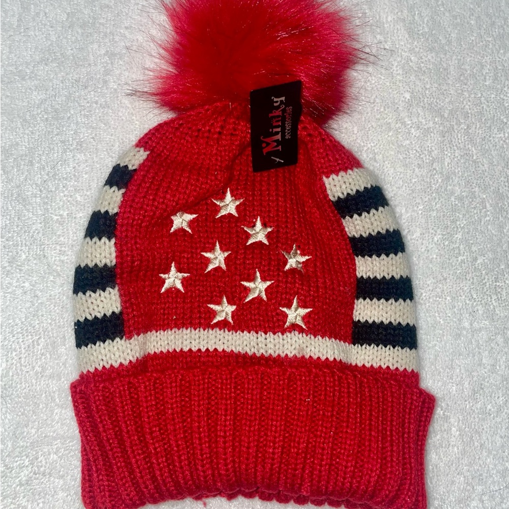 Minky Beanie Red Cream & Black With Stars & Stripes New With Tag Unisex